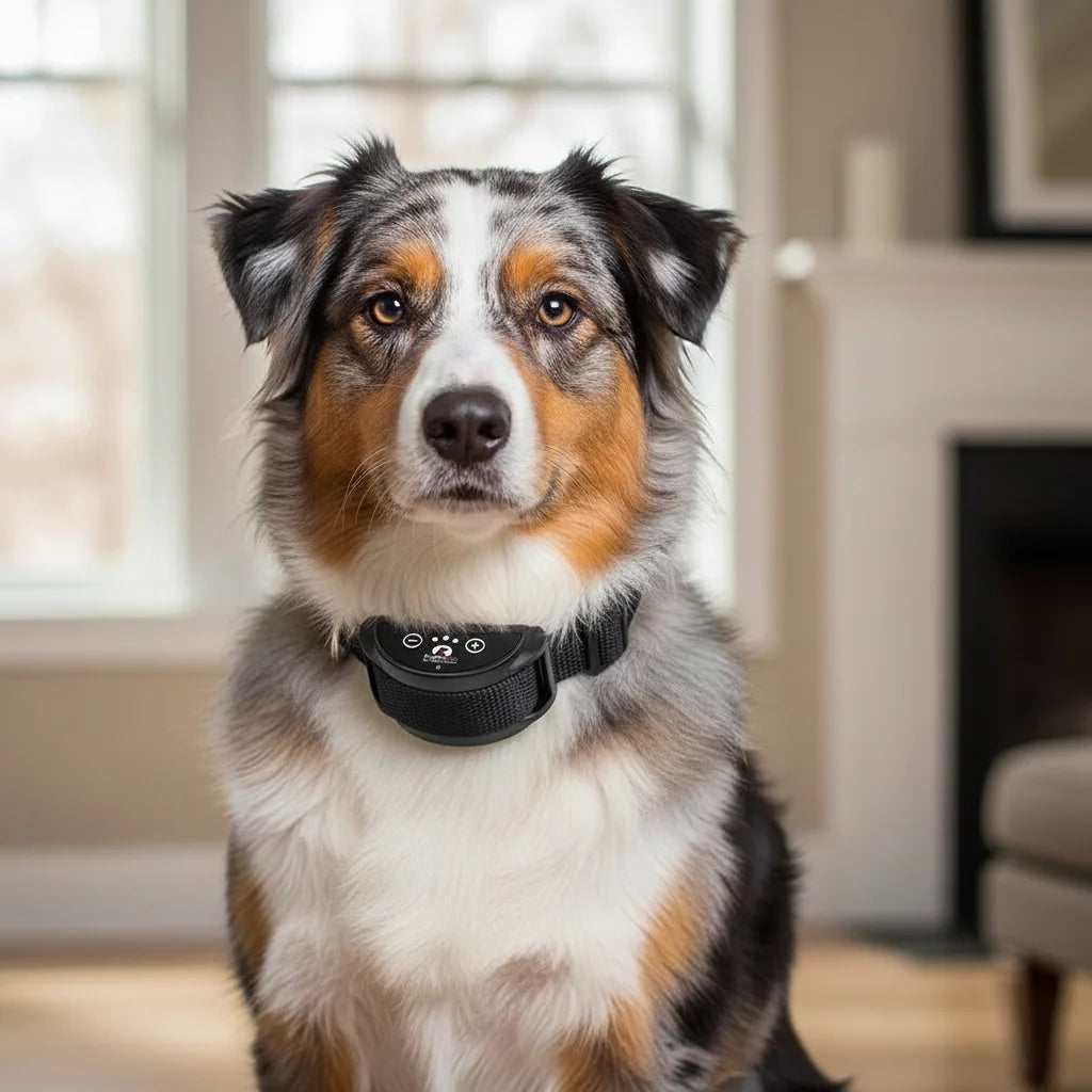 Waterproof rechargeable anti-bark dog training collar, showing adjustable strap and vibration unit.
