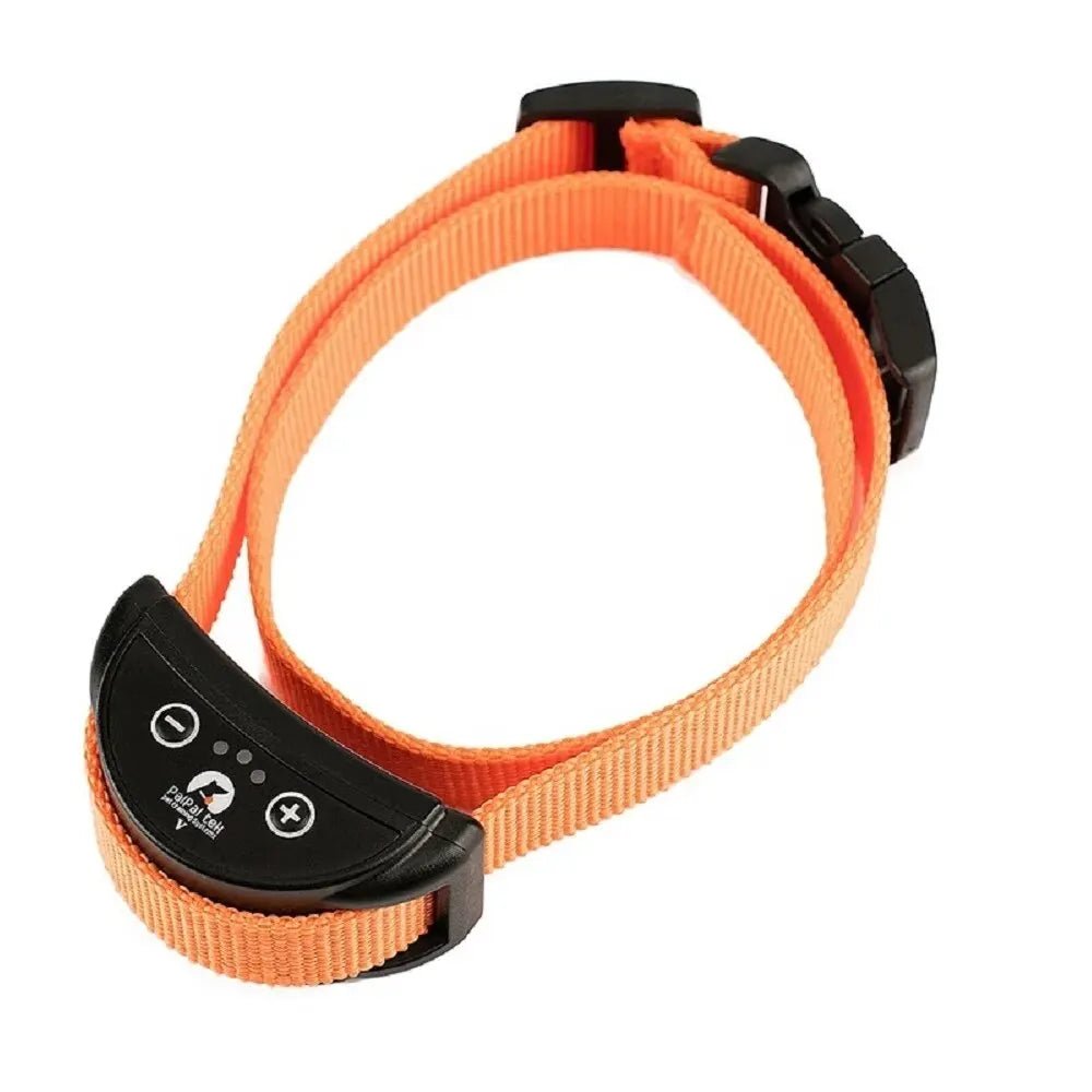 Close-up of waterproof anti-bark dog collar, highlighting adjustable vibration settings.