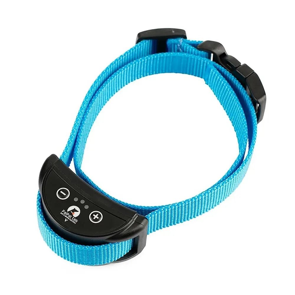 Rechargeable anti-bark collar for dog training, humane vibration technology, reflective for night safety.