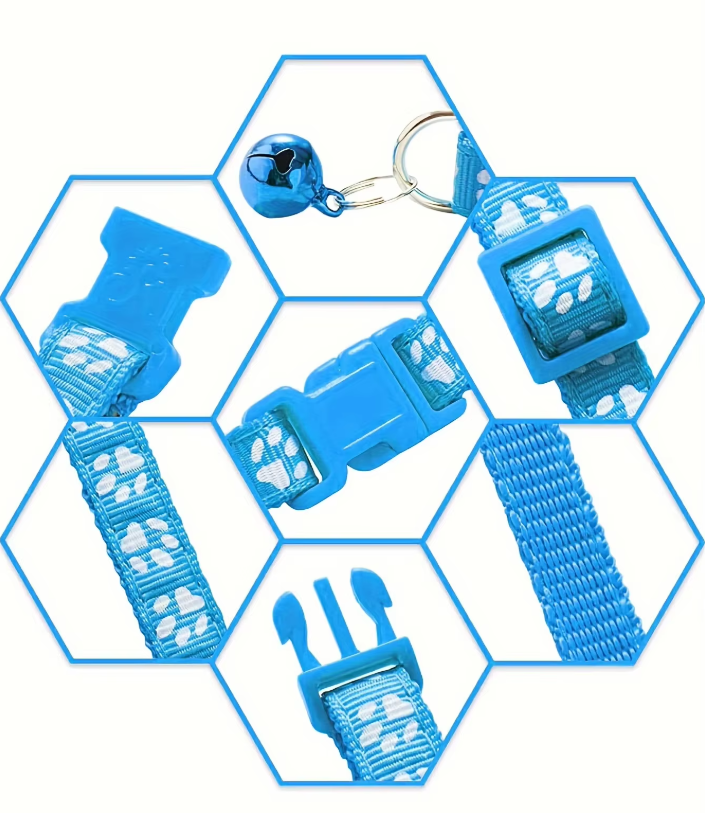 Blue quick release cat collar with bell, adjustable for comfortable fit