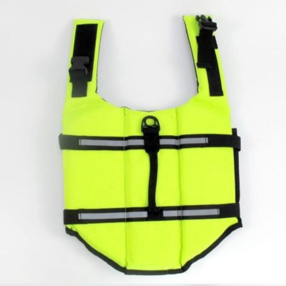 Blue dog life jacket with reflective trim, providing high visibility and flotation for canines.