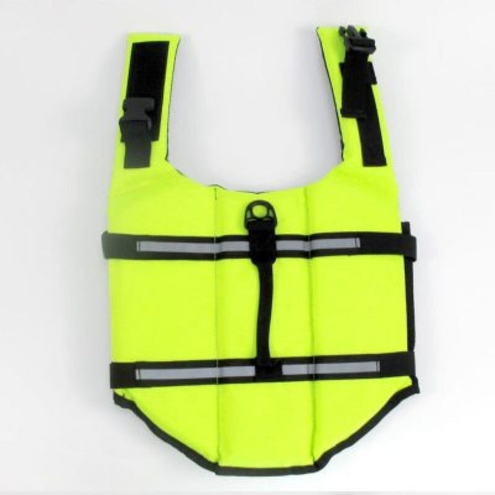Blue dog life jacket with reflective trim, providing high visibility and flotation for canines.