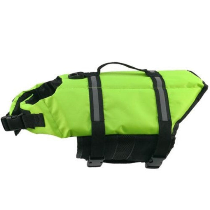 Yellow dog life vest featuring a rescue handle, perfect for pet water safety and swim training.