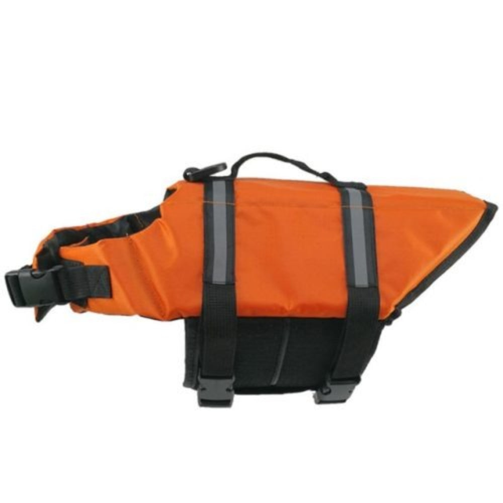 Adjustable dog life jacket in a vibrant orange, designed for pet swimming and outdoor water activities.