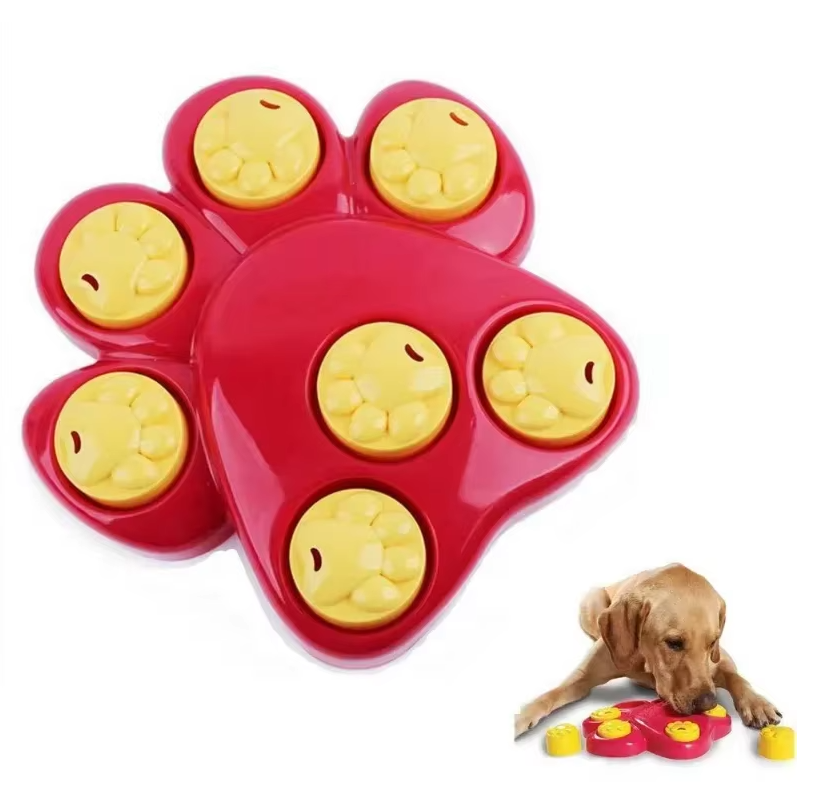 Red dog paw design interactive feeder toy, promoting slow eating & mental stimulation for pets