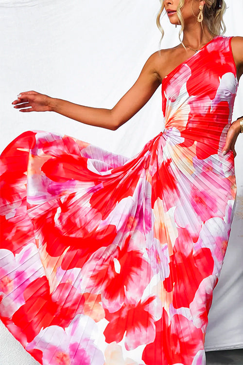 Formal red floral pleated maxi dress, women's, perfect for wedding guests & evening wear.