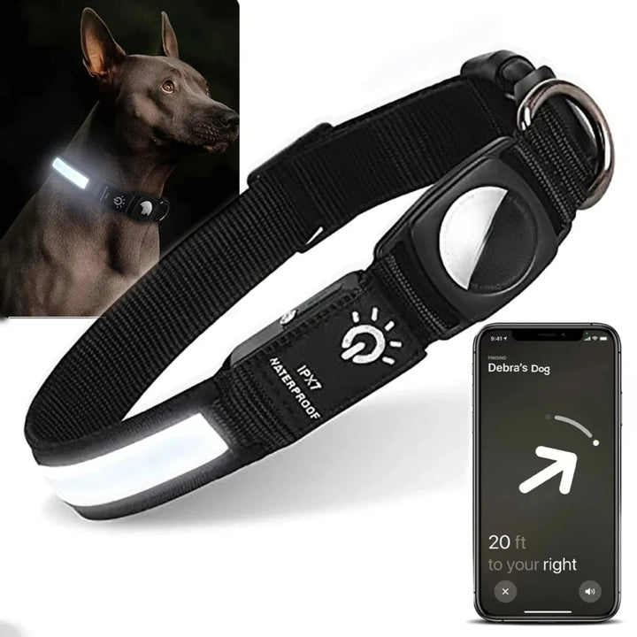Close-up of a green LED pet safety collar, integrated tracker compartment, durable and waterproof