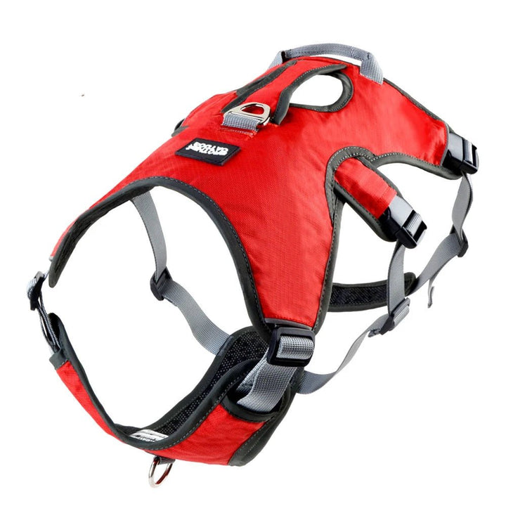 Red reflective waterproof dog harness for medium dogs, adjustable Oxford fabric, outdoor safety gear.