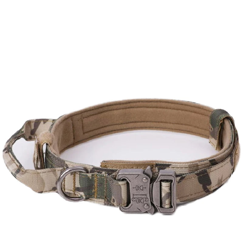 Close-up of a sturdy tactical dog collar, reflective thread & padded for large breed comfort