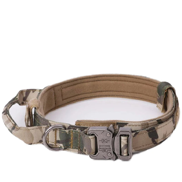 Close-up of a sturdy tactical dog collar, reflective thread & padded for large breed comfort