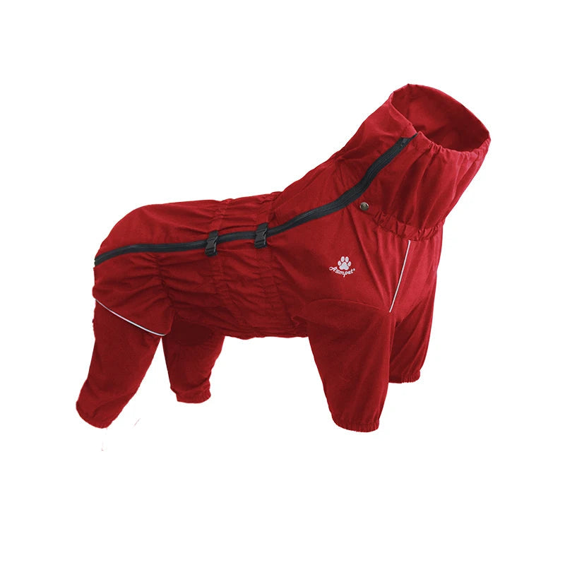 Red waterproof dog coat, adjustable & breathable, for outdoor adventures. Pet protection gear.
