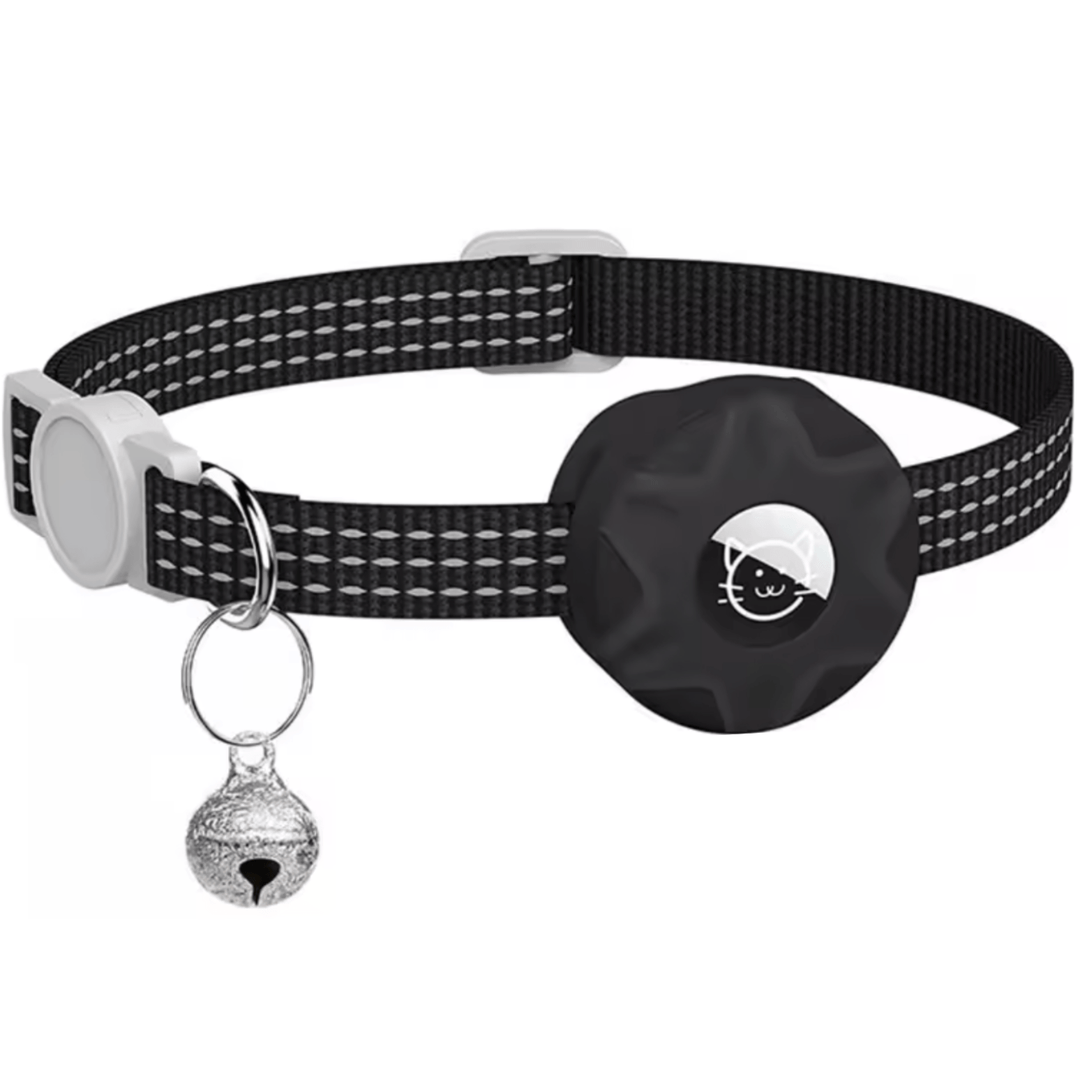 Reflective cat breakaway collar with black AirTag holder, adjustable for pet safety