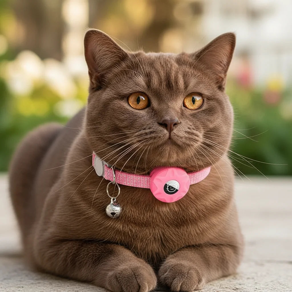 Adjustable cat collar in blue, reflective with secure AirTag holder for pet tracking