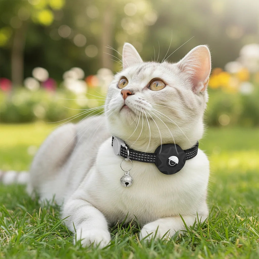 Breakaway cat collar featuring a durable holder for pet tracker, enhanced with reflectivity