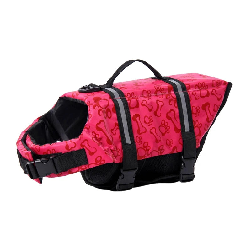 Reflective dog life jacket with secure, breathable design for safe swimming and water activities.