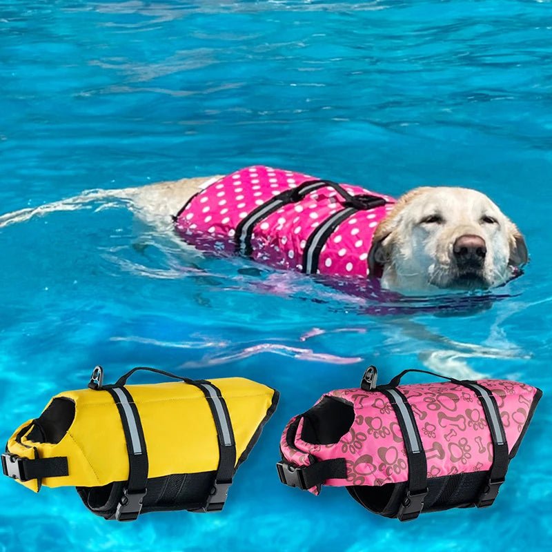 Adjustable reflective dog life vest with handle, vibrant pet swimwear for aquatic fun and safety.