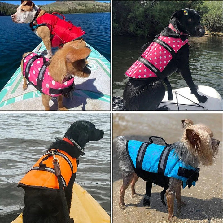 Dog wearing reflective yellow life vest swimming in lake, highly visible pet safety gear for water.