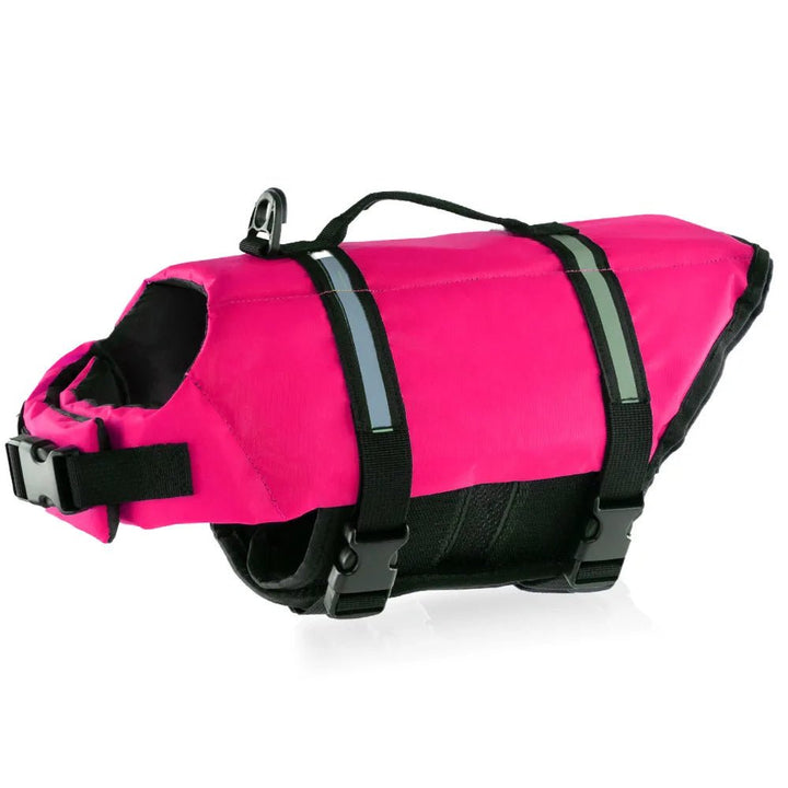 Side view of a large dog in a red reflective life vest, ready for water, ultimate pet safety.
