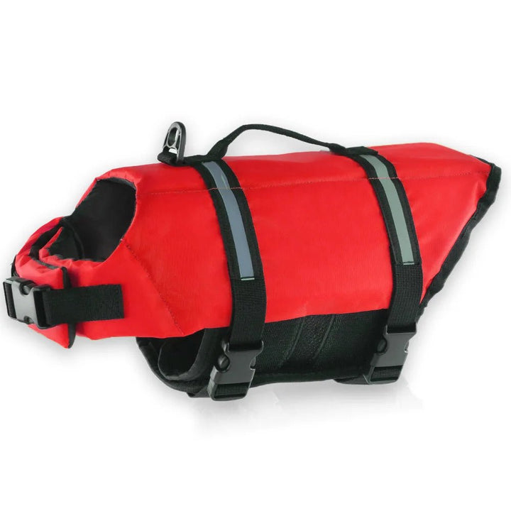 Reflective stripe detail on a dog life vest, enhancing visibility for canine water safety.