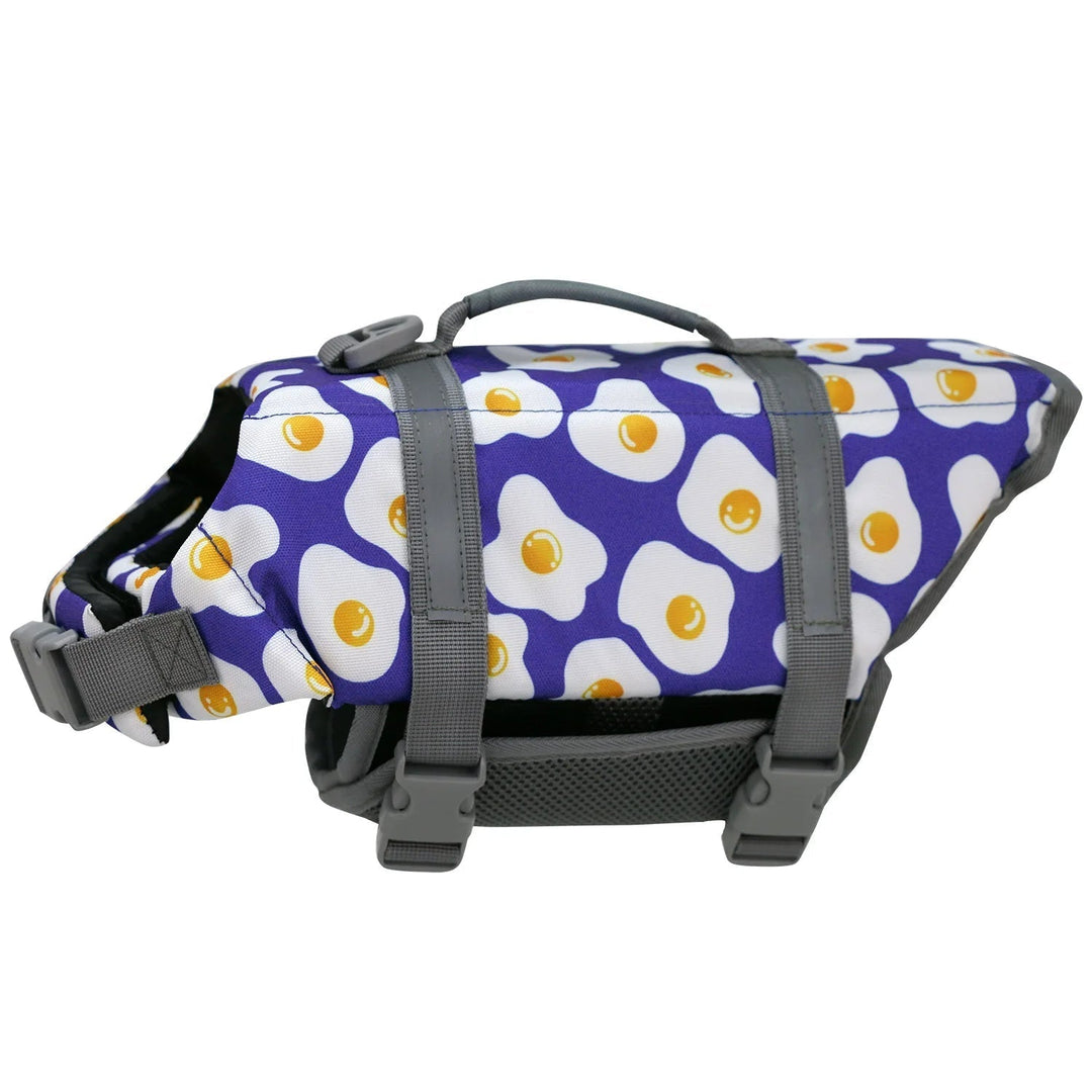 Reflective dog life vest with belly and neck straps, adjustable fit for pet comfort and safety.