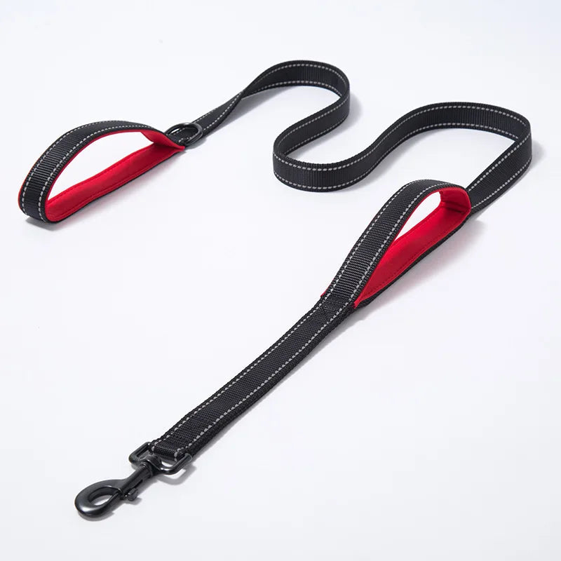 Padded double handle reflective dog leash, durable polyester for large breed comfort and safety.