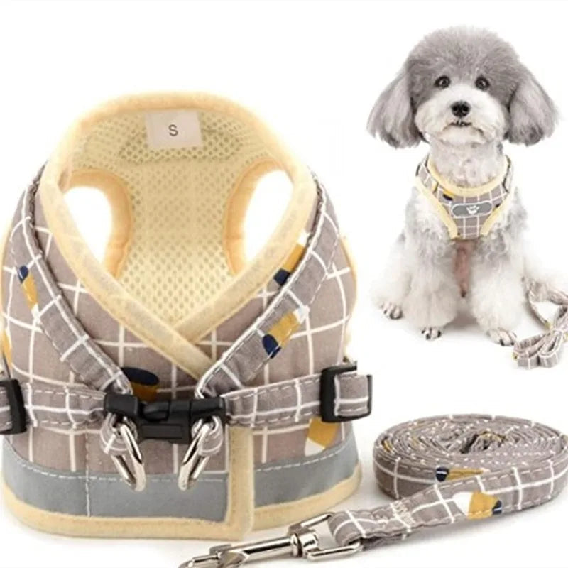 Dog walking set: reflective vest harness and matching leash, ensuring pet visibility and safety.