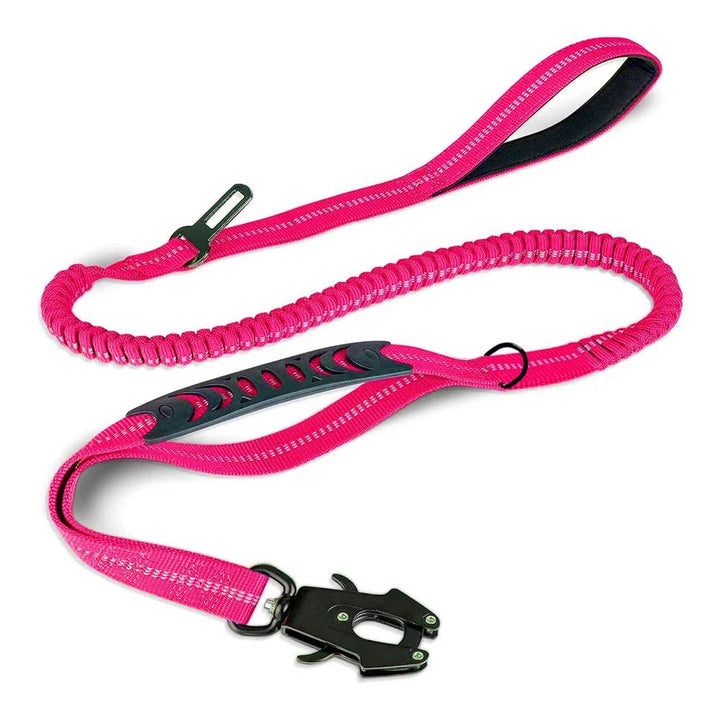 Tactical dog leash for large dogs, bungee design with reflective stitching and car seat belt connector