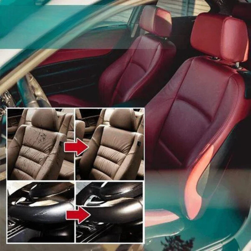 Professional leather repair gel for car seats, restoring scratches and cracks on black upholstery.