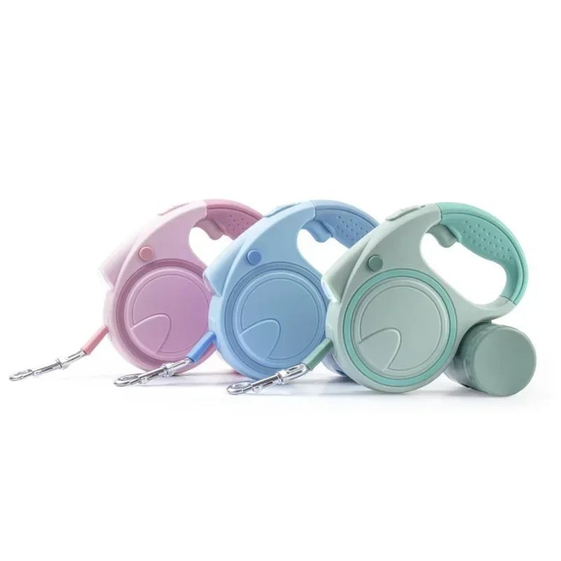 Retractable dog leash with integrated LED light for night walks & poop bag dispenser, black nylon, 12 ft.