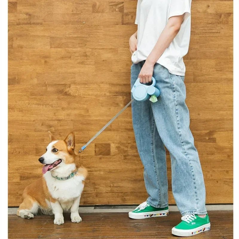 Pet supplies: Durable retractable dog leash with LED light and convenient poop bag dispenser for walks.