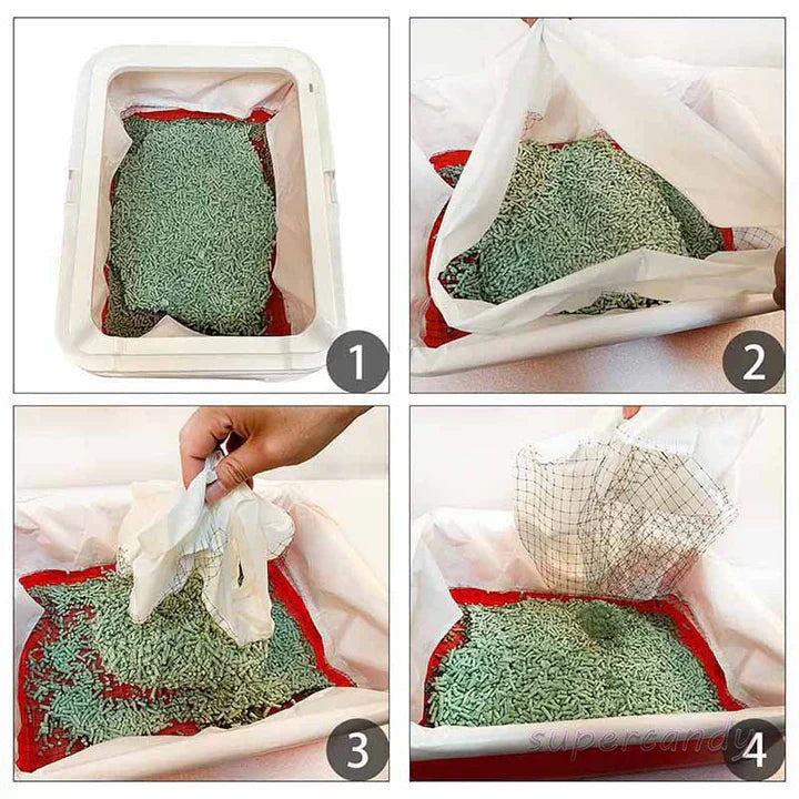 Reusable cat litter liner being placed into a litter box, showing its flexible design