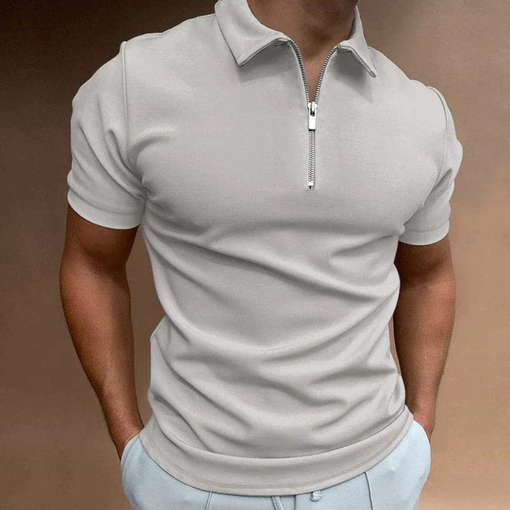 Comfortable men's fitted zip polo shirt, short sleeve, versatile for summer casual wear & modern fashion.