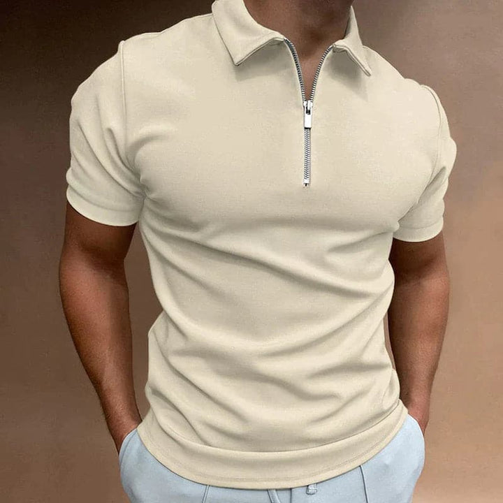 Stylish men's zip polo shirt, fitted, short sleeve, modern design for casual wear, golf & summer fashion.