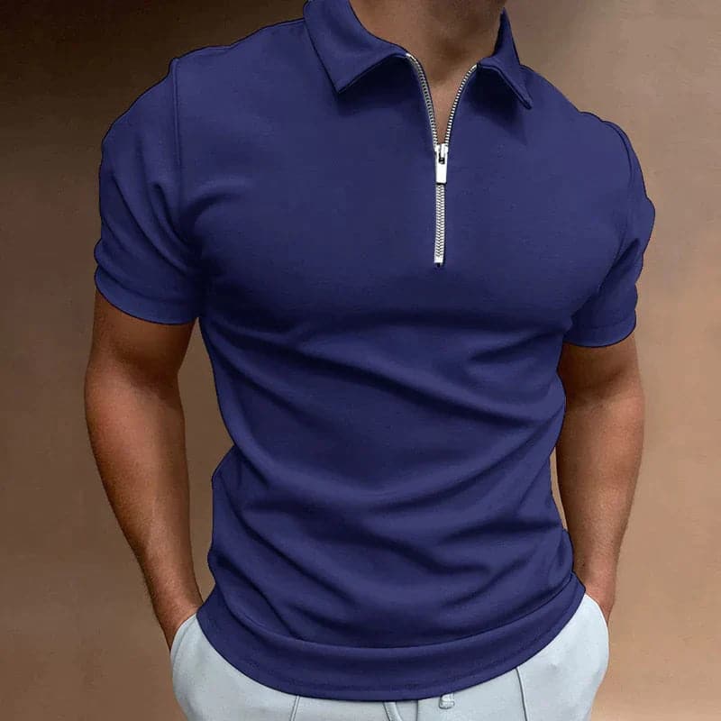 Men's fitted short sleeve zip polo shirt, ideal golf apparel, stylish casual wear & modern summer top.