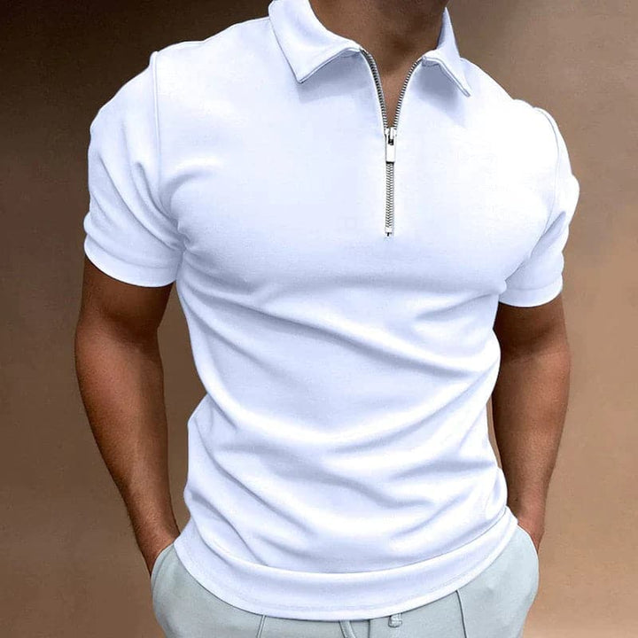 Versatile men's short sleeve zip polo shirt, fitted, comfortable for modern casual & summer style.