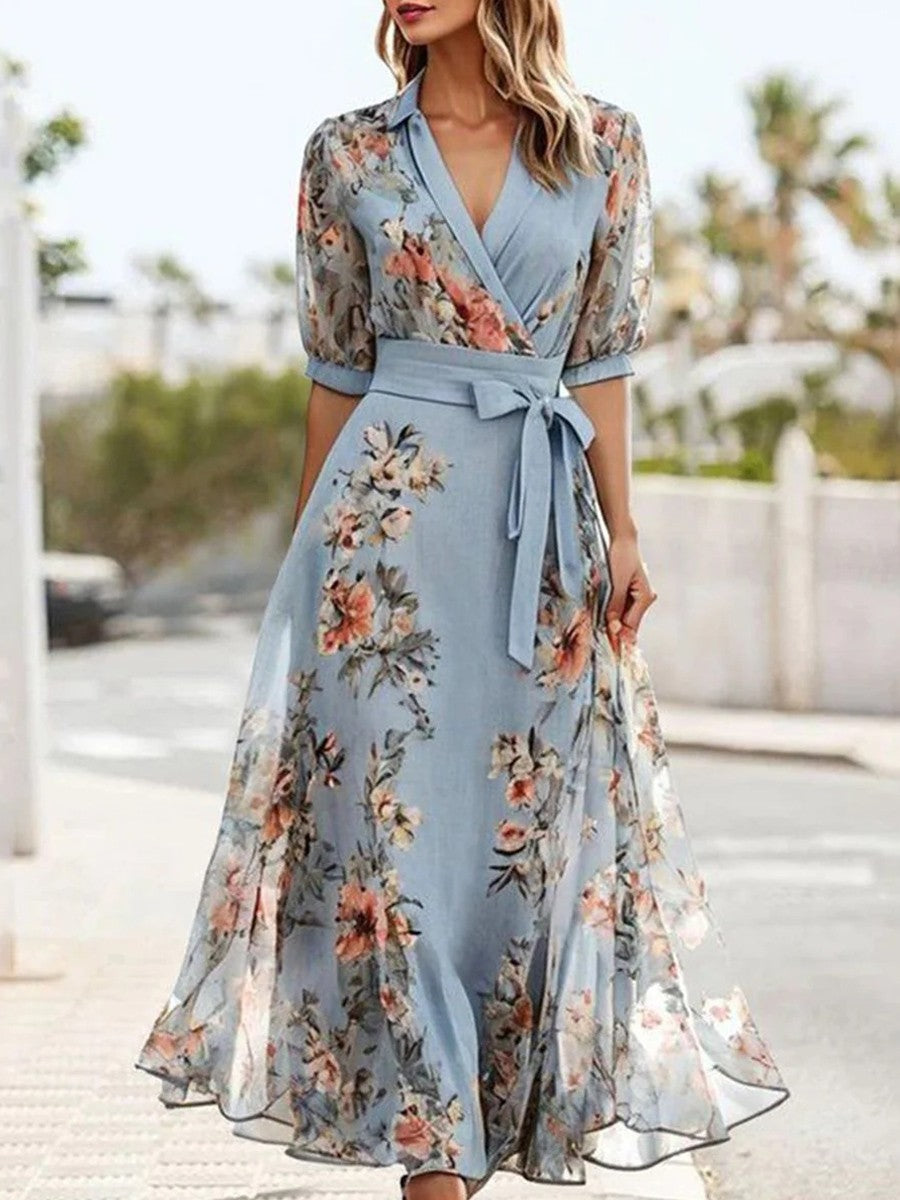 Elegant women's blue floral V-neck wrap maxi dress, perfect for summer parties or casual spring wear.
