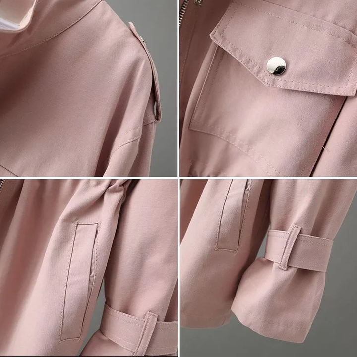 Fashionable women's waterproof jacket, a stylish rain coat with a flattering cinched waist.