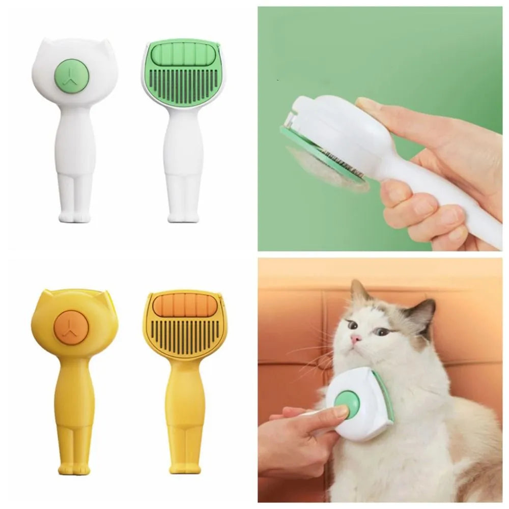 Self-cleaning pet grooming brush with ergonomic handle for dogs and cats, blue and white design