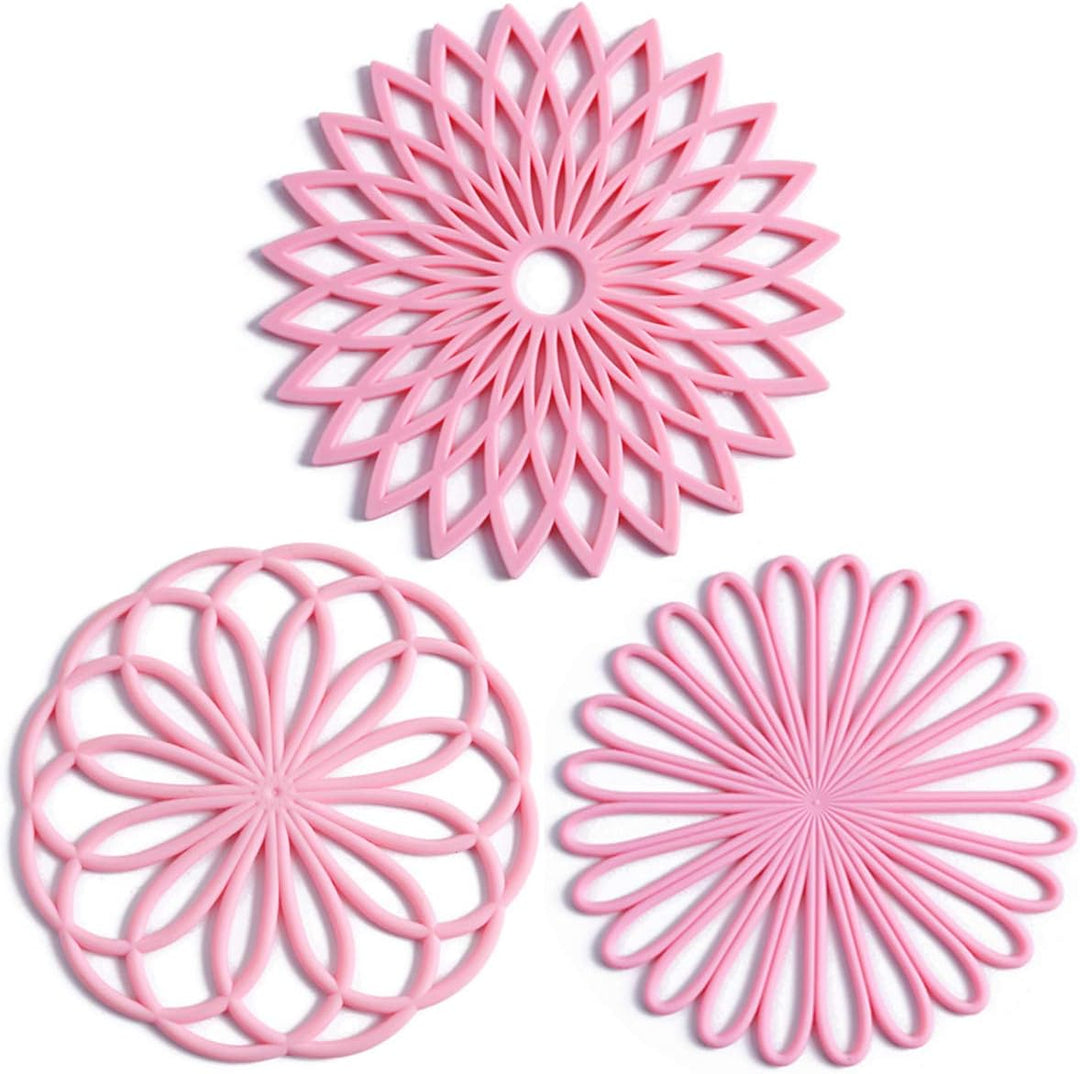 Versatile silicone table protectors, set of 3, non-slip for pots, pans & beverages.