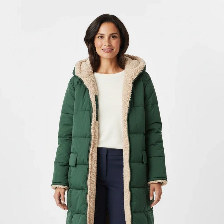 Warm and cozy women's winter coat, a stylish hooded puffer for everyday wear.