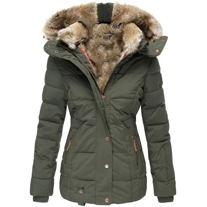 Sisica women's cozy fur-lined winter jacket. Warm, stylish outerwear for cold weather comfort.