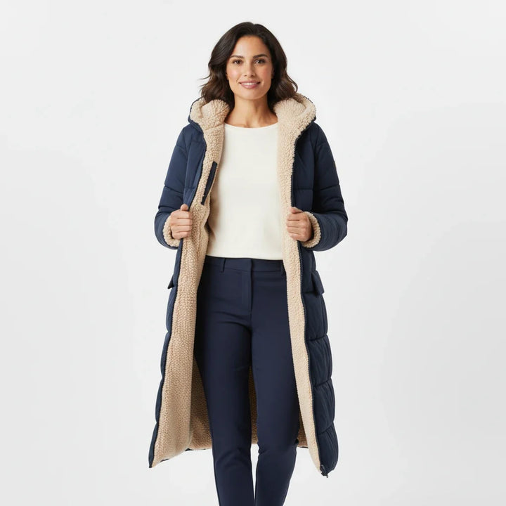 Women's warm puffer coat with a hood, perfect for casual winter style.