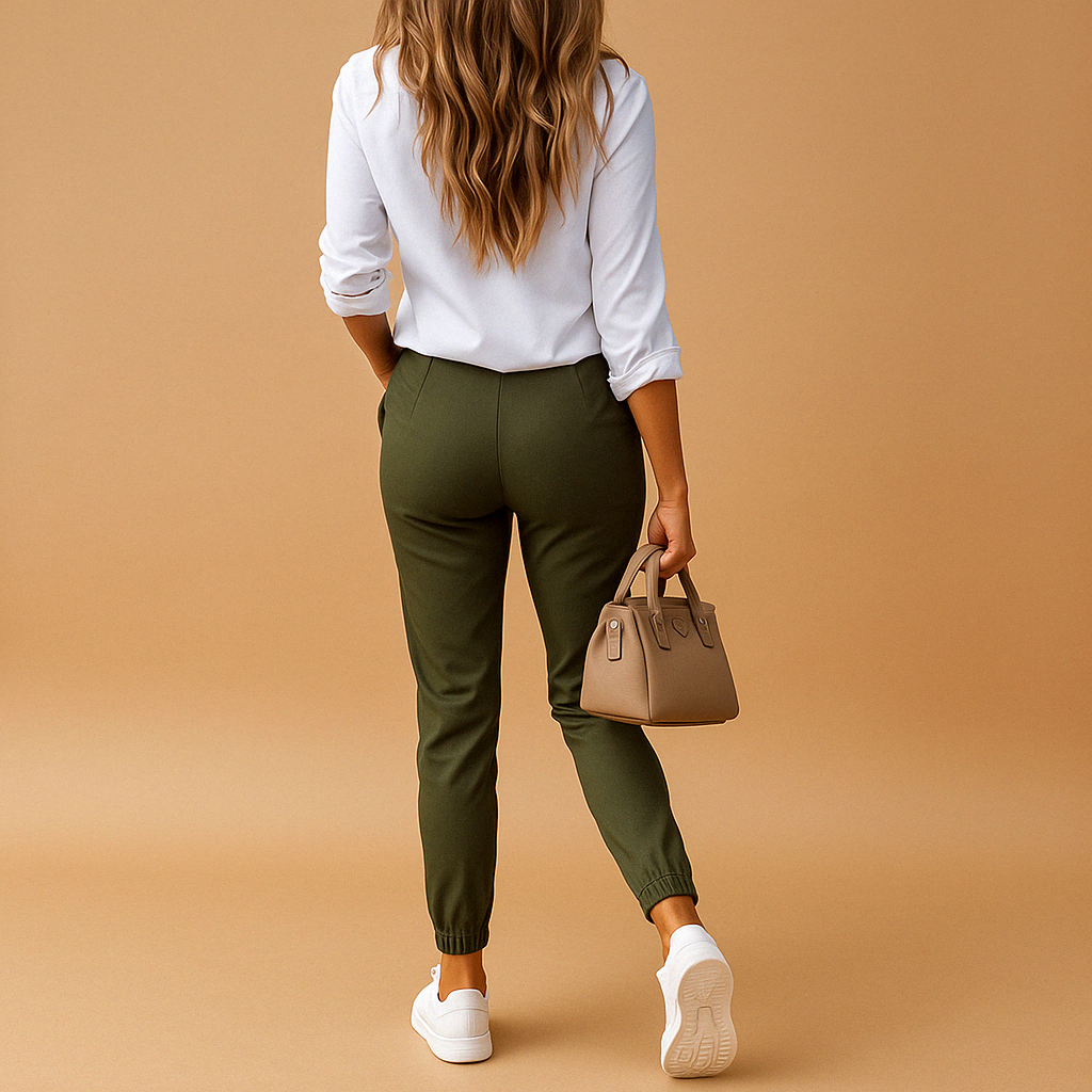 Army green women's slim fit chino trousers, modern design for comfortable everyday wear and office style.