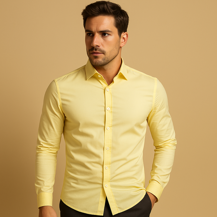 Stylish men's slim fit dress shirt, offering modern elegance for formal events, office wear, or smart casual outfits.
