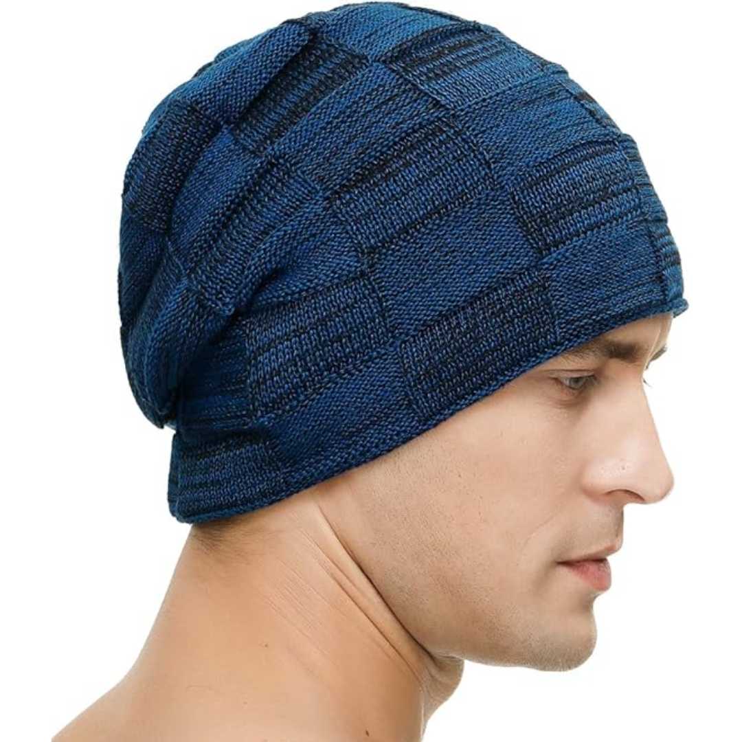 Luca style unisex slouchy knitted beanie, perfect for cold weather comfort & a trendy casual outfit.
