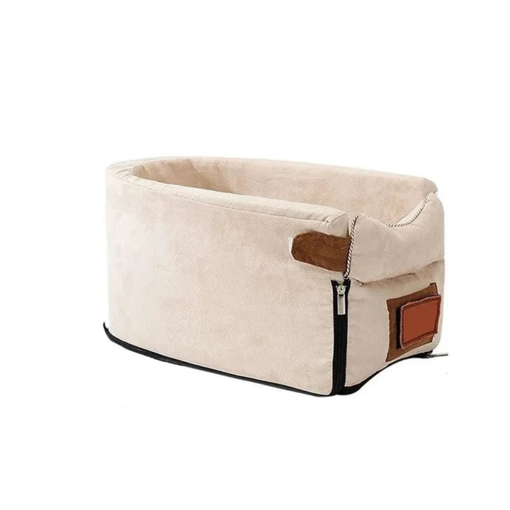 Small dog travel seat, securely placed on a car console, suitable for various small dog breeds.