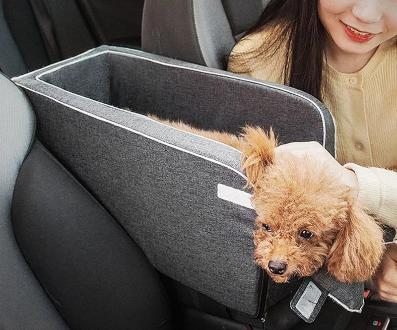 Eco-friendly small dog car seat and carrier, designed for console placement, ideal for safe car trips.