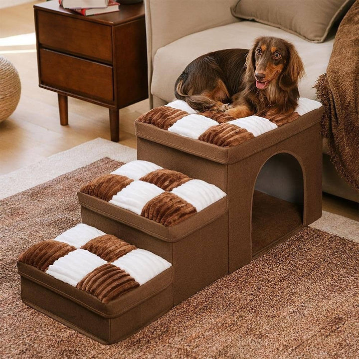 Small dog climbing 3-step pet stairs with a cozy condo, storage, and joint support for senior pets.
