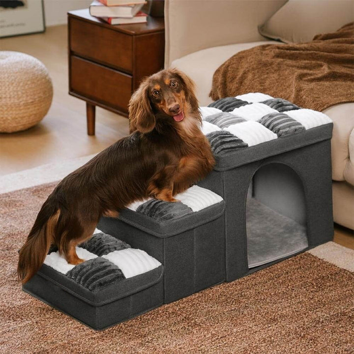Foldable pet steps with enclosed cozy condo and internal storage, perfect for small dogs and joint support.