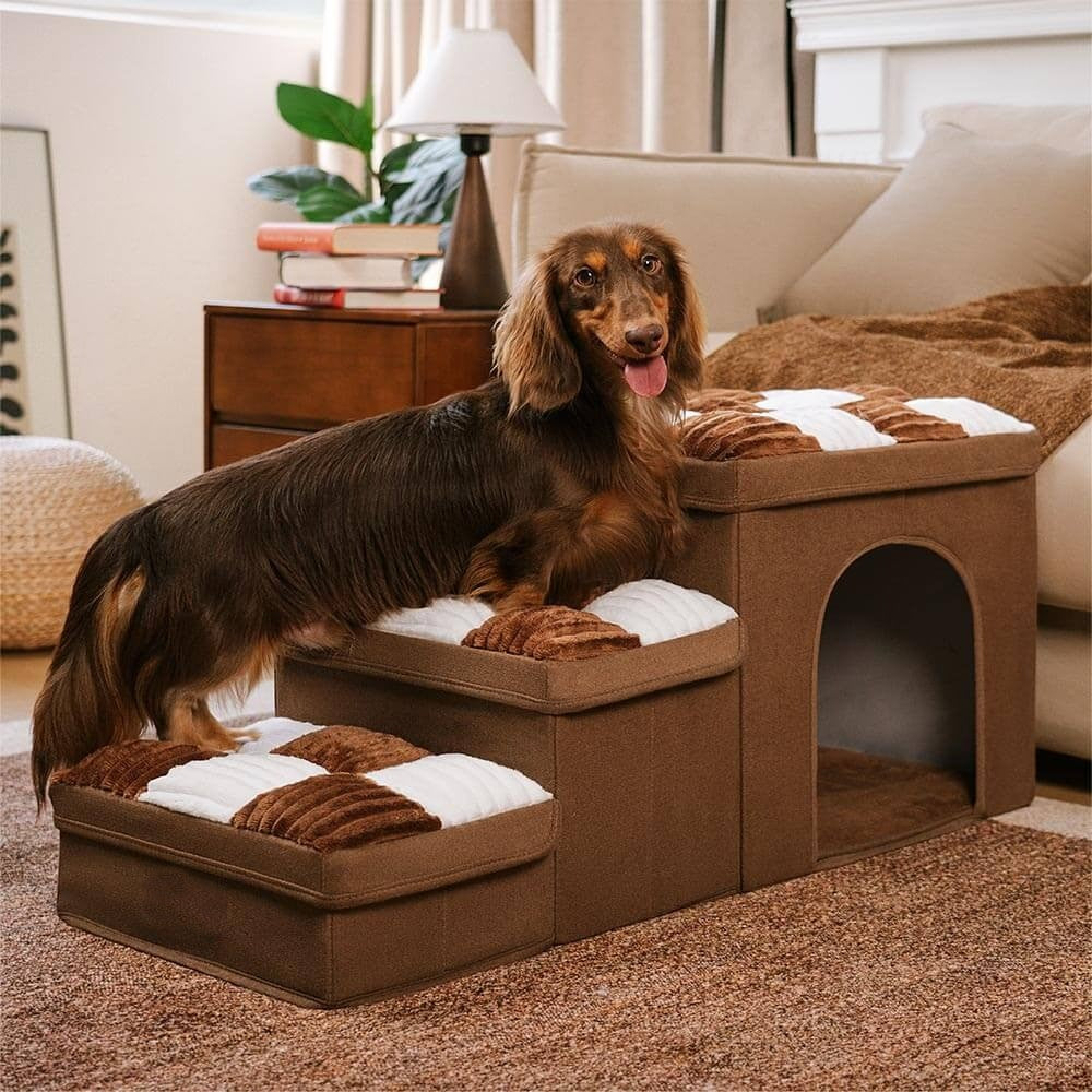 Beige 3-step pet stairs with integrated dog condo and hidden storage, suitable for small and senior pets.